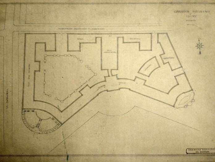 Pierwszy projekt Państwowego Gimnazjum imienia Tadeusza Kościuszki w Łucku. Architekt Kazimierz Tołłoczka