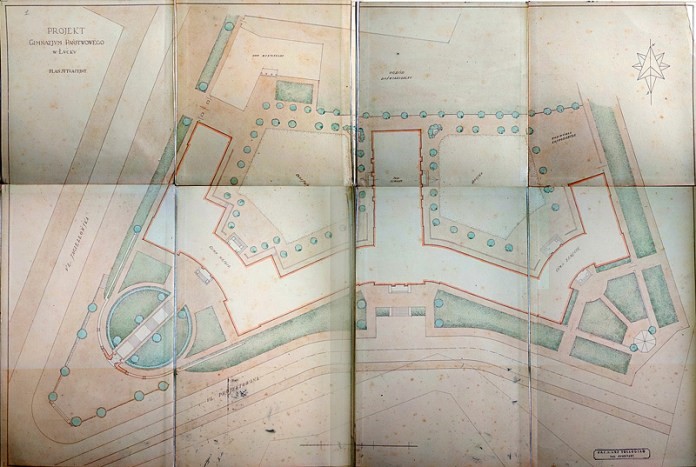 Drugi projekt Państwowego Gimnazjum imienia Tadeusza Kościuszki w Łucku. Architekt Kazimierz Tołłoczka