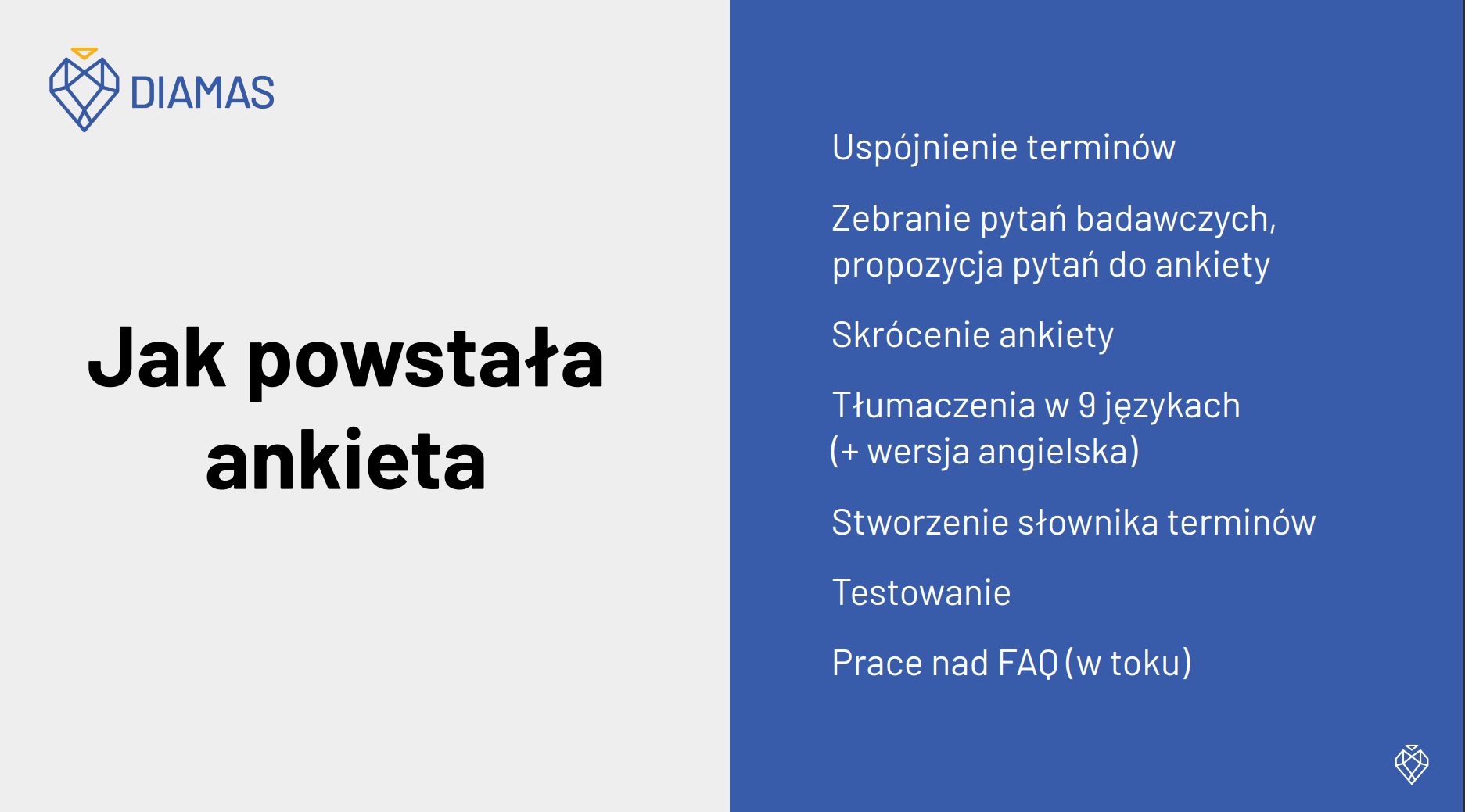 Jak powstała  ankieta Uspójnienie terminów  Zebranie pytań badawczych,  propozycja pytań do ankiety Skrócenie ankiety Tłumaczenia w 9 językach  (+ wersja angielska) Stworzenie słownika terminów  Testowanie Prace nad FAQ (w toku)