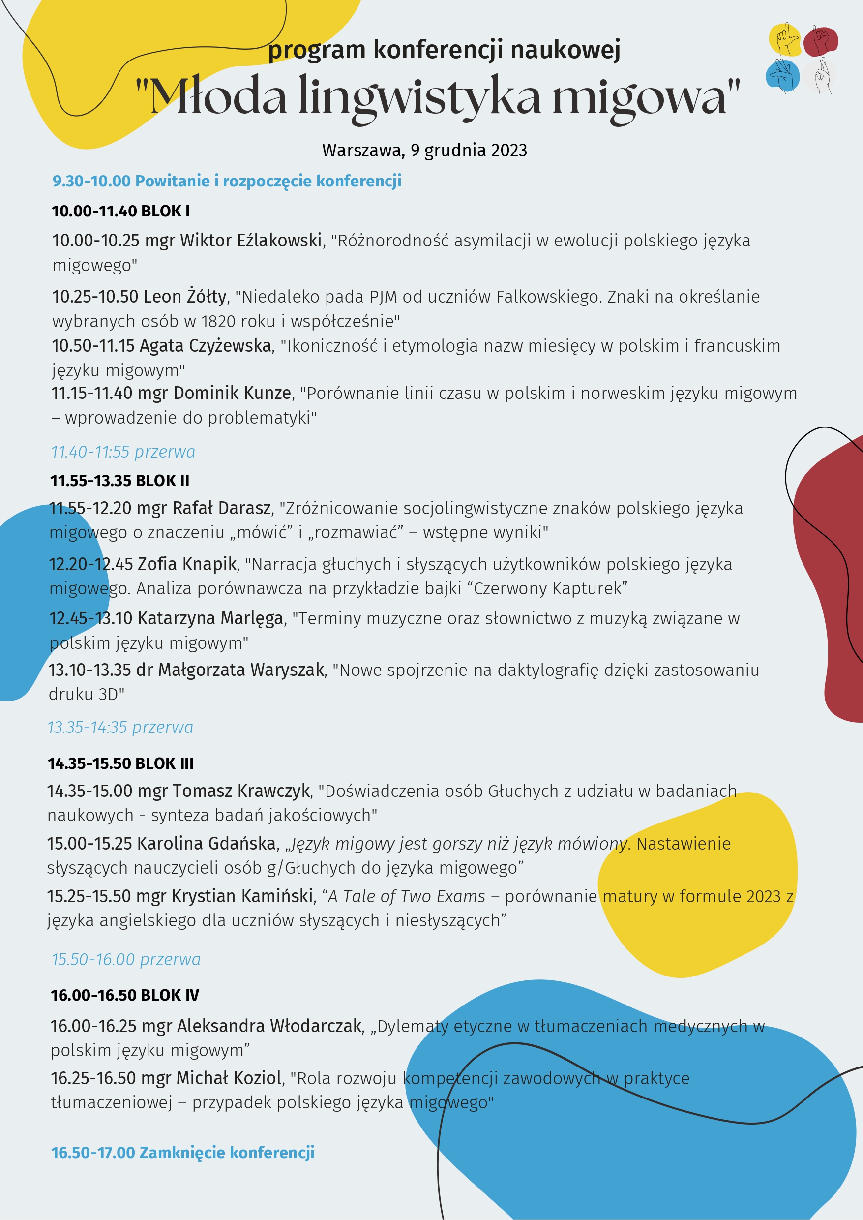 Program konferencji naukowej "Młoda lingwistyka  migowa"